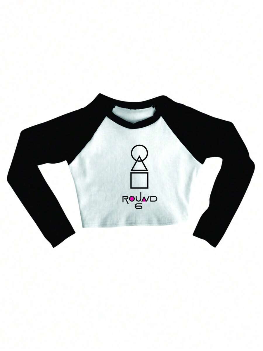 Cropped Raglan Winter Feminine Tumblr Blogger Round 6 Film 5 Feminine Long Sleeve - Đen và trắng - Xem 1