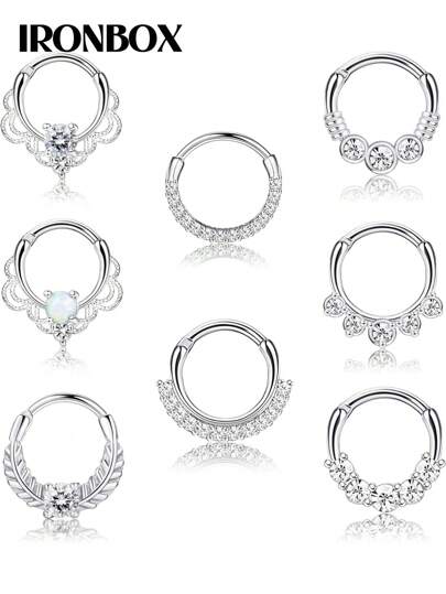  IRONBOX 1PC 16G Septum Clicker Ring Stainless Steel CZ Opal Cartilage Helix Tragus Hoop Daith Earrings Nose Rings Hoop Hinged Segment Clicker Ring Piercing Jewelry