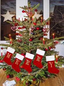 1 件圣诞袜针织红色雪花字母圣诞装饰家居圣诞树装饰礼物，圣诞节 - 紅色 - 查看 6