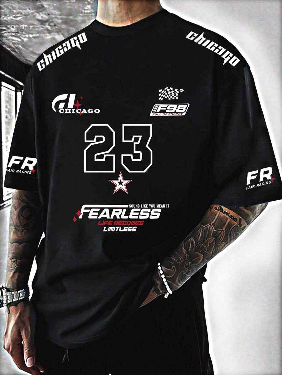 男士时尚赛车风格英式印花休闲 T 恤，图案 T 恤