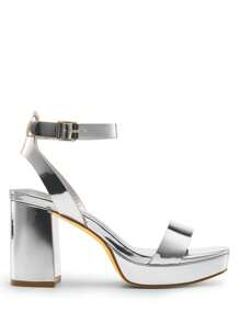 Women Chunky High Heeled Sandals, Adjustable Buckle Decor Ankle Strap Platform Sandals, Glamorous Open Toe Banquet Heeled Sandals, For School Party Prom, Wedding - Silver - View 5