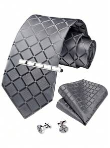 1 套男士 8 厘米深灰色格子领带、口袋巾、袖扣、领带夹优质高密度领带婚礼派对配饰男士领带 - 深灰色 - 查看 2