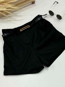 Miguxas Kids Tailored Shorts With Belt And Elastic Waist For Children And Youth - 黑色 - 查看 3