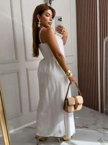 Women's Long Dress Thin Straps With Side Slits Viscolinho Fabric Women's Fashion Casual Elegant - trắng - Xem 2