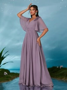 V-Neck Pearl Chiffon Ruffled Overlay High-End Evening Dress,Bridesmaid Dress - Dusty Purple - View 3