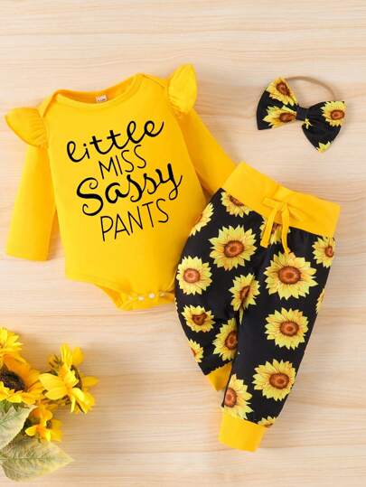 Baby Girl Cute Long Sleeve Romper & Contrast Color Bowknot Decor Pants Set, Fall/Winter