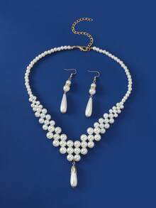 2pcs Elegant Women Handmade Faux Pearl Jewelry Set, Necklace And Earrings, Suitable For Attending Festivals, Formal Parties, Can Be Accessory Or Personalized Jewelry, Also A Great Gift For Women - White - View 5