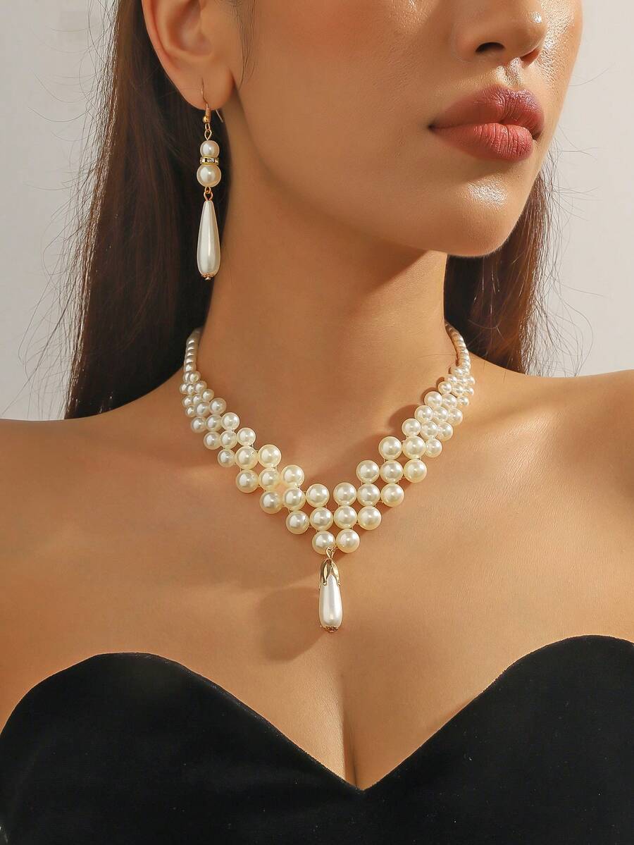 2pcs Elegant Women Handmade Faux Pearl Jewelry Set, Necklace And Earrings, Suitable For Attending Festivals, Formal Parties, Can Be Accessory Or Personalized Jewelry, Also A Great Gift For Women - White - View 1