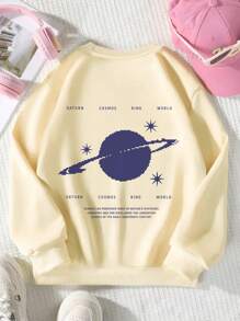 Blusas casuais e confortáveis com estampa planetária da moda para meninas de meia-idade e pré-adolescentes
