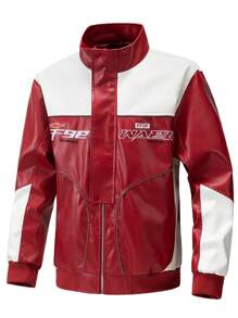 Men's Embroidered Motorcycle PU Leather Patchwork Red & White Color Block Stand Collar Jacket