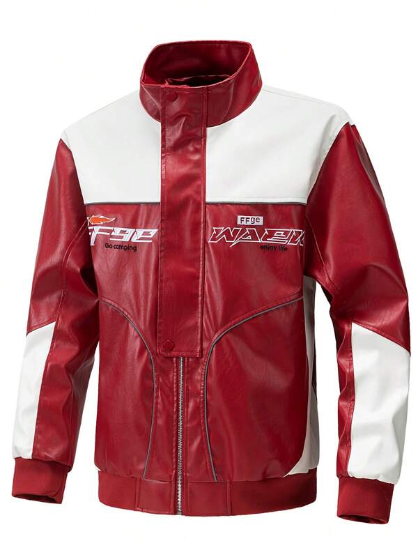 Men's Embroidered Motorcycle PU Leather Patchwork Red & White Color Block Stand Collar Jacket