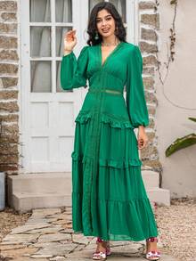 Thiết Kế Thời Trang Váy Mùa Thu Váy Nữ Cổ Chữ V Tay Phồng Rỗng Xù Cổ Xanh Thêm Áo Dài - màu xanh lá - Xem 5