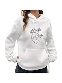 Flannel Kangaroo Sweatshirt Warm Coat Gringa Fashion Personalized Human Heart With Flowers - 白色 - 查看 2