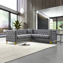 Modern L Shaped Sofa Couch Set, Upholstered Sectional Couch With Tufted Back And Rivet Decoration, 5 Seater Corner Sofa With Golden Tapered Legs And 2 Pillows - Grey - View 7