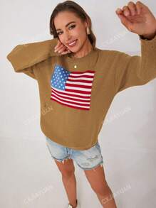 Gebreide trui met vlagpatroon in de herfst/winter, modieuze casual noodlijdende losse oversized trui voor dames