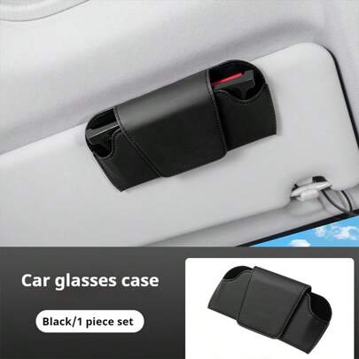 Leather Car Sun Visor Glasses Storage Box Multi-Function Sunglasses Holder For Car, Universal