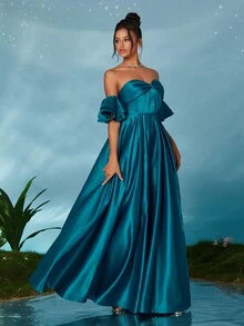 露肩缎面荷叶边袖蝴蝶结褶皱性感高开叉连衣裙，优雅伴娘礼服 - 綠色 - 查看 6