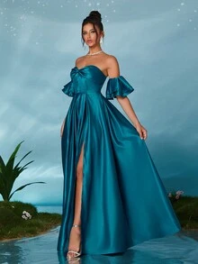 露肩缎面荷叶边袖蝴蝶结褶皱性感高开叉连衣裙，优雅伴娘礼服 - 綠色 - 查看 5