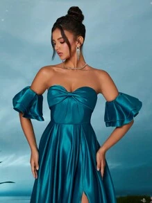 露肩缎面荷叶边袖蝴蝶结褶皱性感高开叉连衣裙，优雅伴娘礼服 - 綠色 - 查看 7