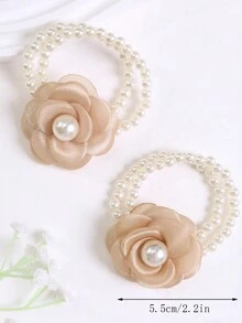 2入組女孩白花&人造珍珠馬尾繩,粉色人造珍珠頭頂打結頭繩,適用於日常生活或度假的黑色彈性束髮帶