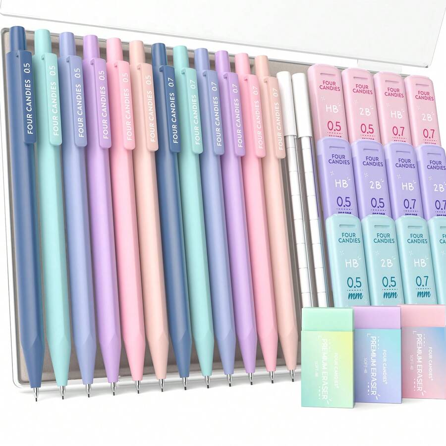 0.5 &0.7 Mm Mechanical Pencil Set, 6PCS Cute Mechanical Pencils With 360PCS Leads, 3PCS Pastel Erasers And 9PCS Eraser Refills, Aesthetic Pencils For Girls Writing - 0.5&0.7 - 查看 1