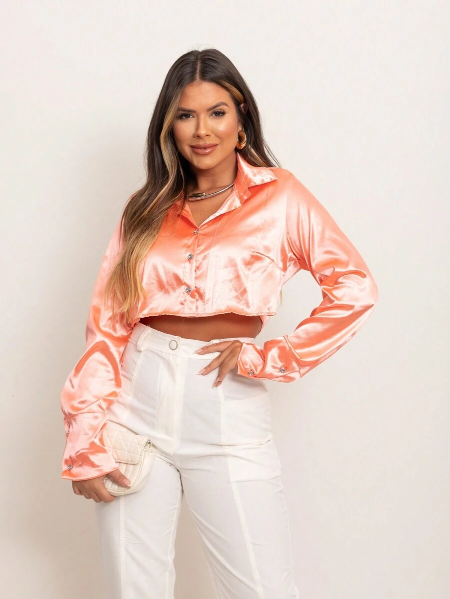 Women's Cropped Satin Shirt - Beis - Ver 1