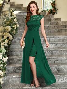 MIUSOL 蕾絲拼接高衩正式連衣裙 - 墨綠色 - 查看 4