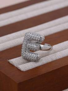 KEJIALAI 1pc New Luxury Big Exaggerated Hip-Hop Style A-Z 26 Letter Ring, Copper Micropavé CZ Plated Platinum Men Women Initial Name Letter Ring - Letter - View 36