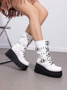 DREAM PAIRS Women's Platform Mid-Calf Boots Cyberpunk Combat Style Multiple Buckle Straps Round Toe Side Zipper Anti-Slip Thick Heel Outdoor Halloween Chunky Heel Music  Festival Party WHITE Boots - 黑與白 - 查看 5