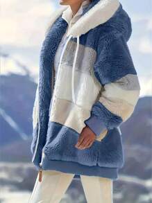 Fluffy New Colorblock Hooded Jacket For Women, Loose Fit, Autumn/Winter