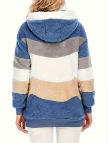 Fluffy New Colorblock Hooded Jacket For Women, Loose Fit, Autumn/Winter - Blue - View 4