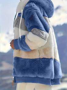 Fluffy New Colorblock Hooded Jacket For Women, Loose Fit, Autumn/Winter