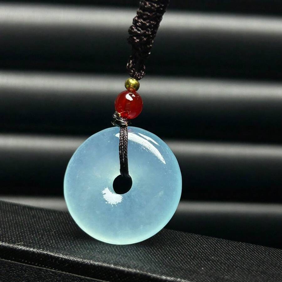 1pc Natural Bashan Ice Bottom Blue Green, Peace Button Pendant Necklace, High Quality Gem Crystal Jewelry, All Hand-Carved, Ladies, Men, Quartz Crystal Wealth Pendant, Necklace, Peace Necklace, Couple Necklace, Gift For Women, Suitable For Holiday Party Gifts, Quartz Crystal Gifts. (Complimentary: Lanyard, Gift Box) - Safety Button - View 1