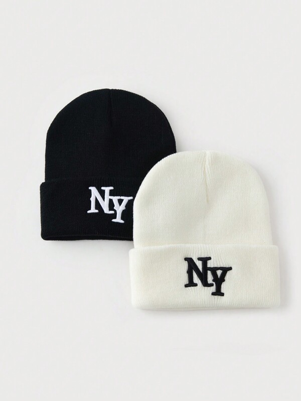 1 pieza o 2 piezas Gorro de punto con letra NY bordada en 3D de moda para mujer, cálido y casual para uso en otoño/invierno