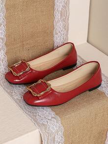 女士方头平底鞋，浅口软底老奶奶乐福鞋，酒红色，百搭，适合办公室和传统中式风格，春秋季节 - 紅色 - 查看 2