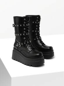 DREAM PAIRS Women's Platform Mid-Calf Boots Cyberpunk Combat Style Multiple Buckle Straps Round Toe Side Zipper Anti-Slip Thick Heel Outdoor Halloween Chunky Heel Music  Festival Party Black Boots - 黑色/PU - 查看 10