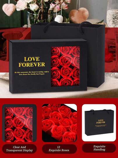 1 pezzo Rosa artificiale romantica, confezione regalo con 12 fiori e sacchetto regalo, scatola per imballaggio di gioielli per collana, bracciale, anello, adatto per San Valentino, Festa della mamma, compleanni e anniversari di matrimonio (collana non inclusa)