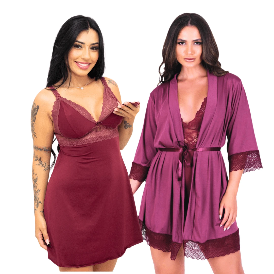 Postpartum Breastfeeding Robe And Nightgown Kit Delicate And Sensual Maternity Sets - Màu Đỏ Sâu - Xem 1