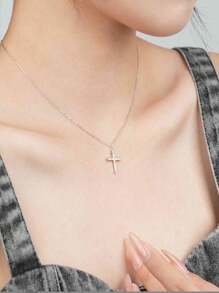 Collar de cadena de acero inoxidable con cruz de rhinestone en estilo gótico vintage - Plateado - Ver 2