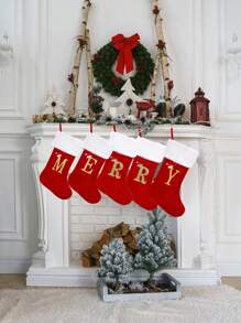 1 件圣诞袜针织红色雪花字母圣诞装饰家居圣诞树装饰礼物，圣诞节 - 紅色 - 查看 7