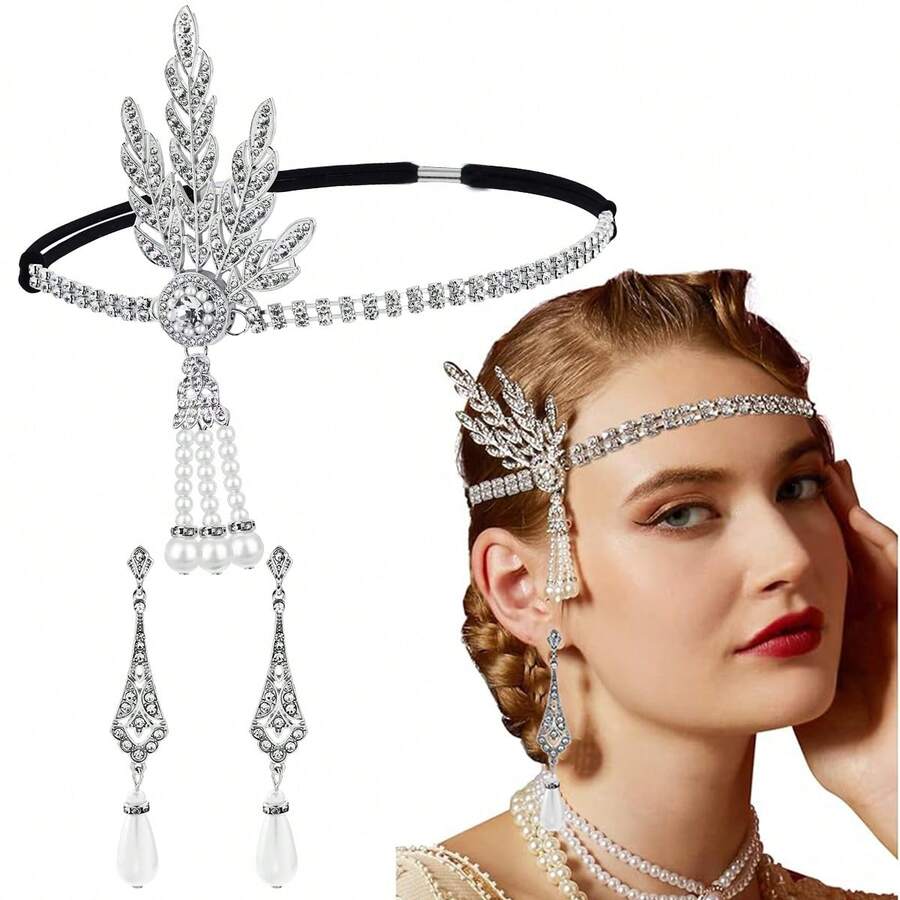 1920s Women's Party Makeup Ball Headpiece & Earrings, Leaf Pattern, Elegant Vintage Sexy High-End Headpiece 2 Pieces Set - Silver - View 1