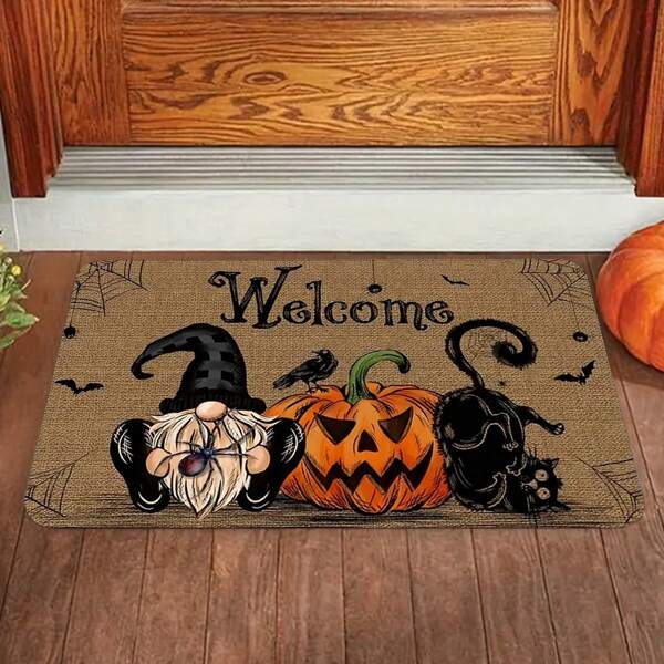 pocket monsters 1 pieza Felpudo antideslizante con tema de Halloween con calabaza, gato negro y texto de bienvenida, alfombra de entrada de fibra de poliéster lavable para decoración del hogar y la cocina
