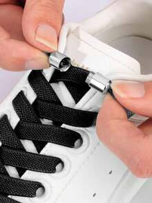 弹性免系带鞋带半圆形鞋带适用于儿童和成人运动鞋鞋带快速松紧金属锁鞋带鞋带 - 黑色 - 查看 4