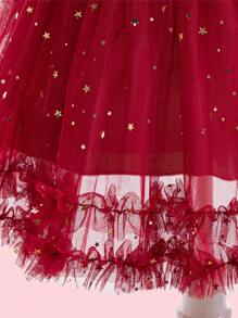 Vestido de fiesta de manga corta con malla y estrellas para niña, color vino tinto. Vestido de Navidad para niños con malla y lentejuelas, estilo princesa - Burdeos - Ver 6