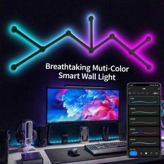 Smart WiFi RGB LED Wall Light Bars Lines ,16M+ Color LED APP Dimmable Music Sync Night Light For Gaming Room, Bedroom, Led Home Wall Decor Light Bars Kit Work With Alexa And  Assistant (9 LED Light Lines)