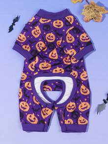 1 pieza Mono de pijama con estampado de calabaza, murciélago y esqueleto de 4 patas, adecuado para que los gatos y perros lo usen en interiores y exteriores