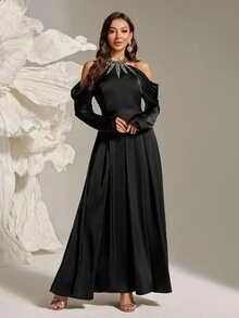 女士立领落肩水钻装饰优雅连衣裙 - 黑色 - 查看 1