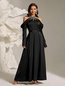 女士立领落肩水钻装饰优雅连衣裙 - 黑色 - 查看 6