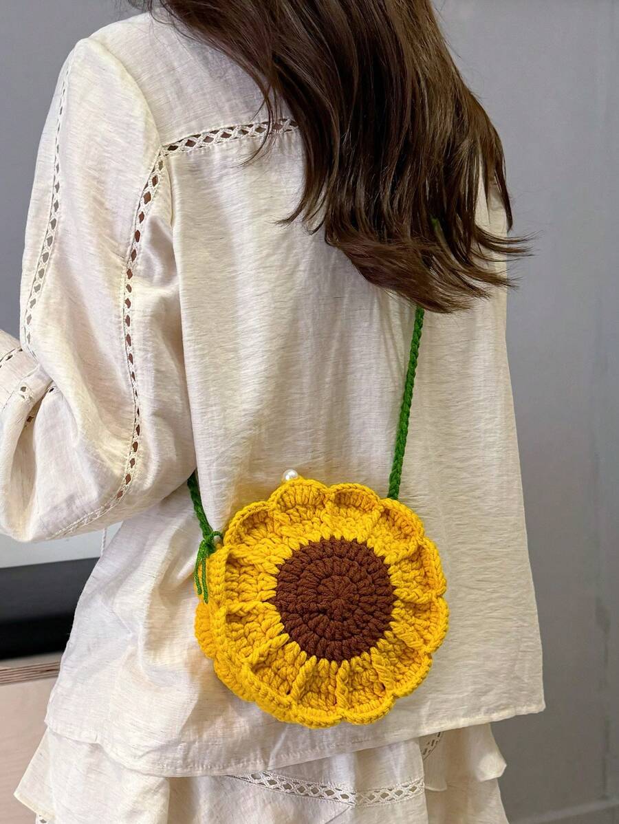 可爱向日葵小包用针织纱，简单自制钩针女士十字单肩包，新款，清新文艺女孩，时尚花朵单肩包 - 黃色 - 查看 1