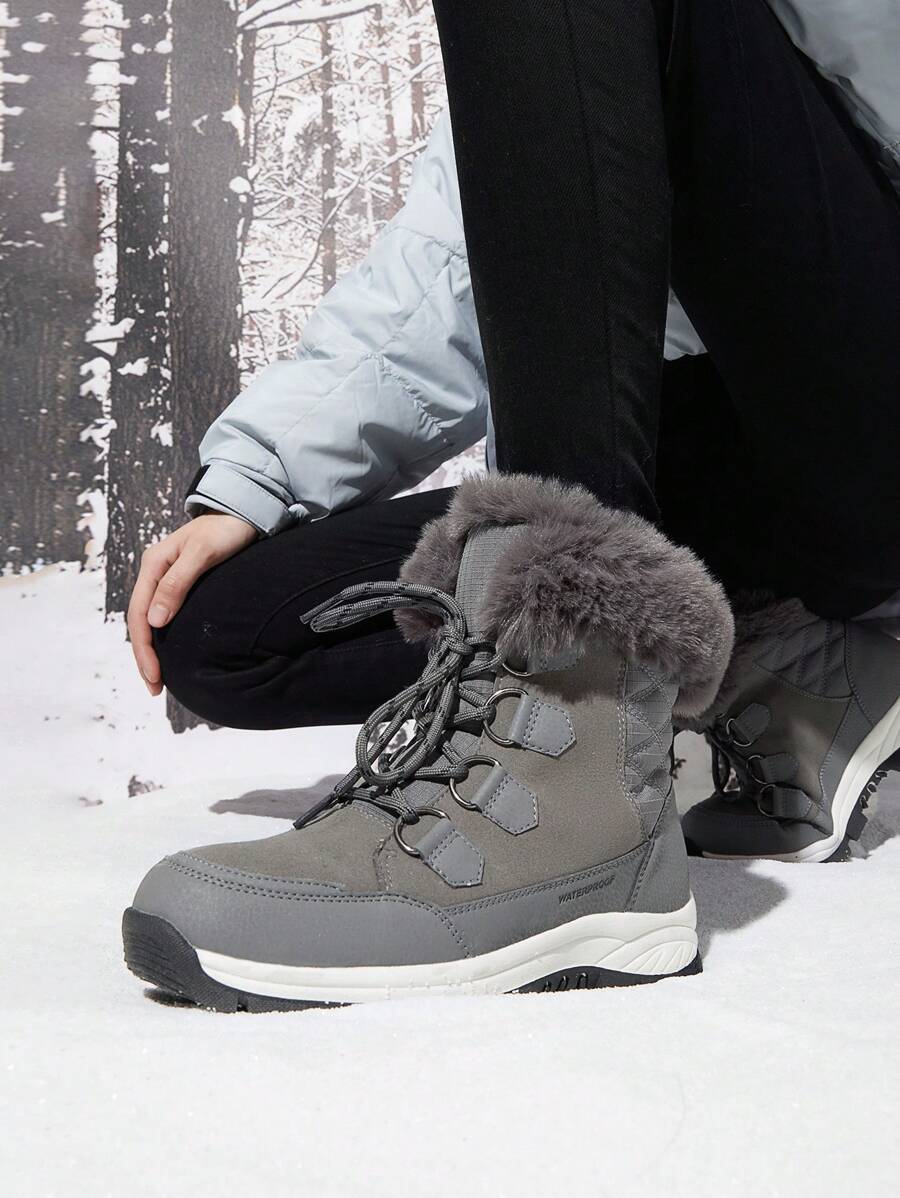 Women's Snow Boots Cozy Warm Insulated Lace Up Mid-Calf Waterproof Walking Hiking Festival Outdoor Grey Boots - 深灰色 - 查看 1